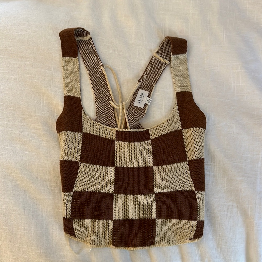 Checkered Knit Lace up back Top
